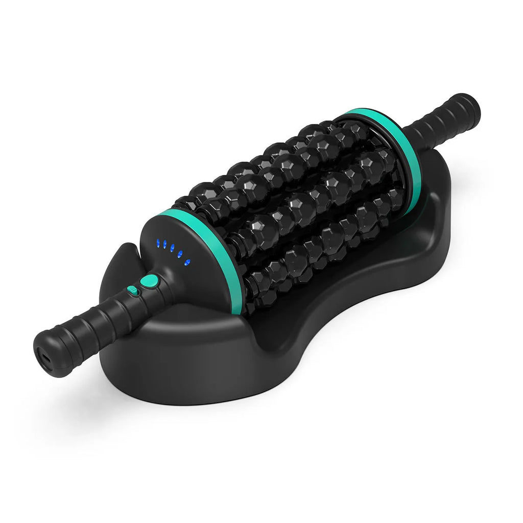 Handheld electric muscle massager with rolling nodes in blue ABS plastic