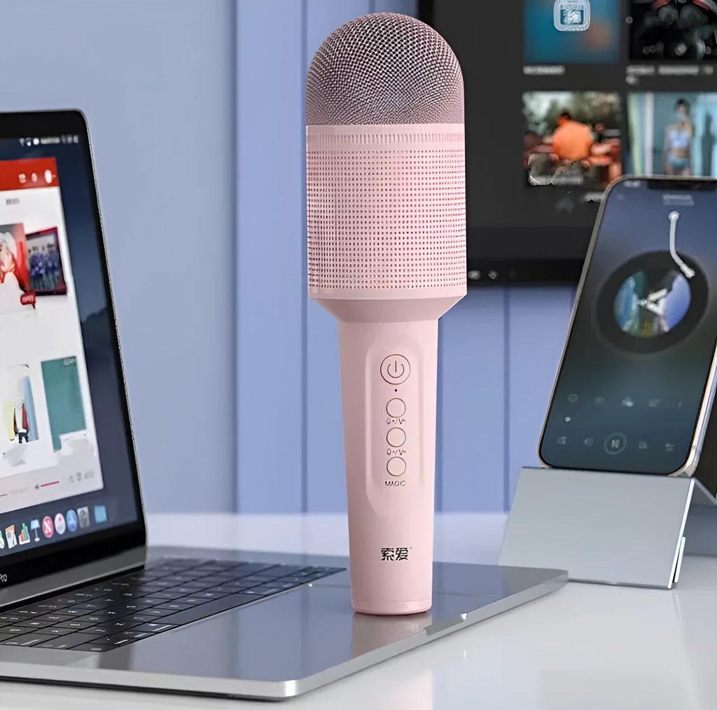 Bluetooth karaoke microphone in pink, blue and green colour options with USB connectivity