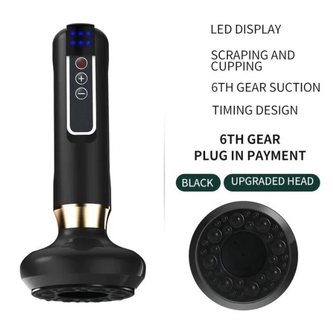Green electric vacuum cupping massager device with suction cups and USB charger.