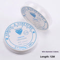 Spool of transparent white elastic thread with six diameter options shown for DIY crafts.