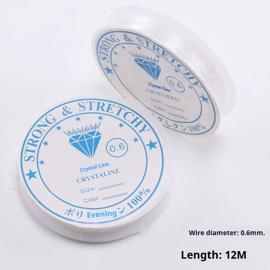 Spool of transparent white elastic thread with six diameter options shown for DIY crafts.