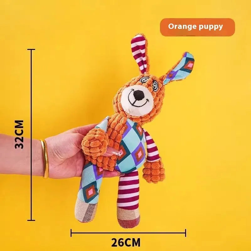 Bite-resistant puppy plush toy collection showing rechargeable duck, donkey, elephant, and dog styles