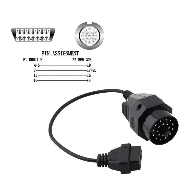 BMW OBD2 diagnostic cable adapter showing 20-pin and 16-pin connectors