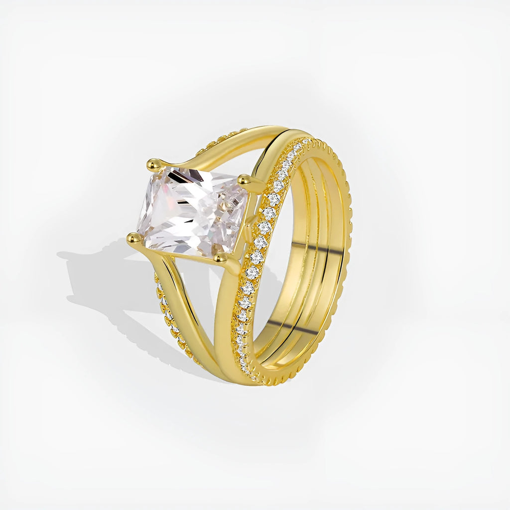 Geometric gold electroplated ring with square zircon stone showing European styling