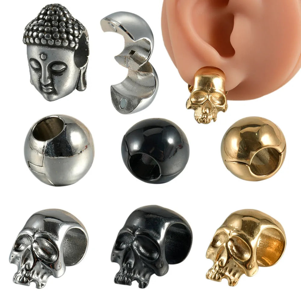 Stainless steel hollow skull Buddha earrings with geometric hip hop design in electroplated finishes