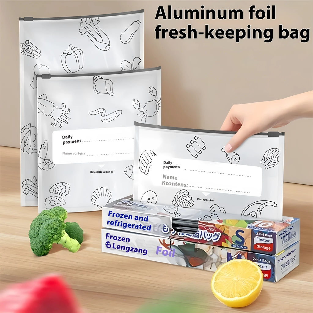 Set of aluminium foil resealable fresh-keeping bags in small, medium, and large sizes.