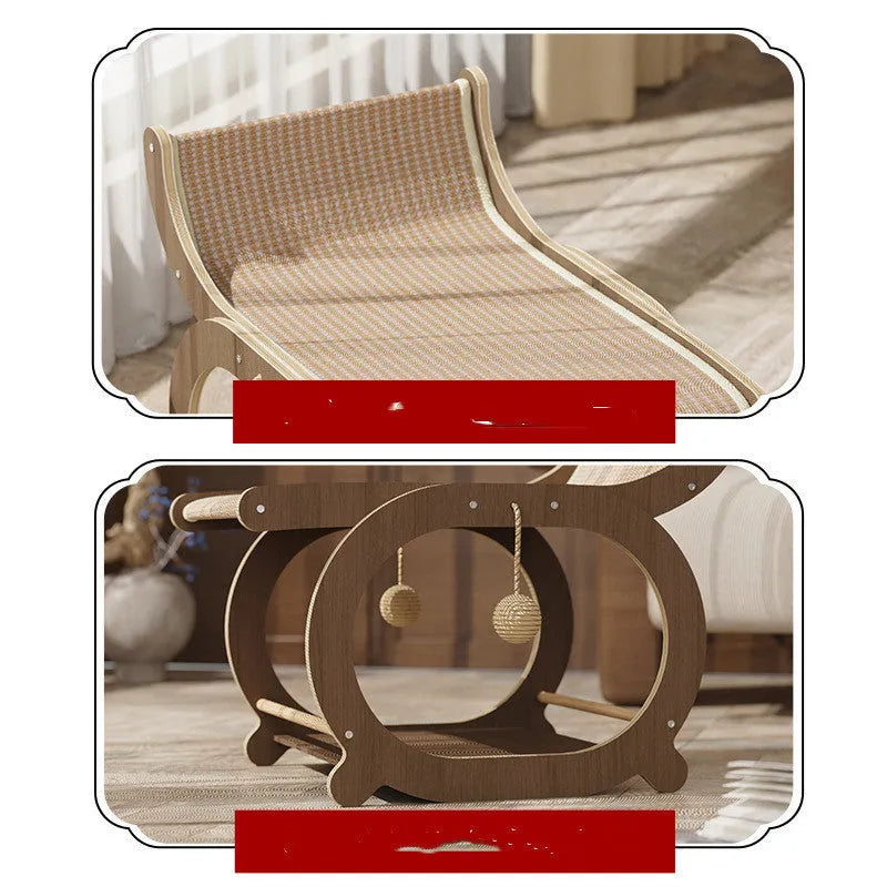 Solid wood cat bed with sisal scratching surface in walnut colour recliner design