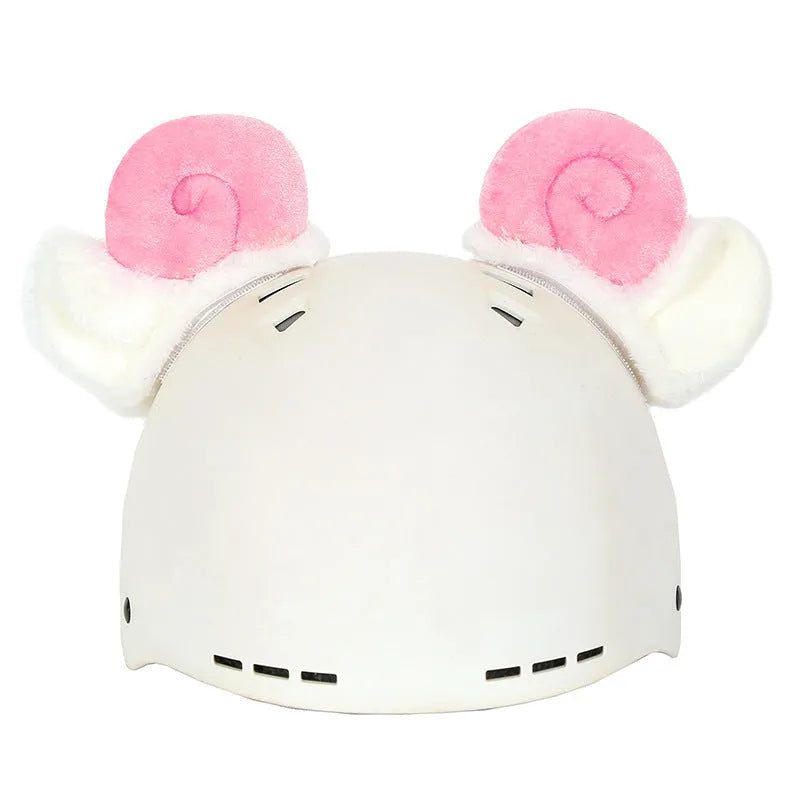 A plush fabric cartoon character helmet hat cover with attached ears on a white background.