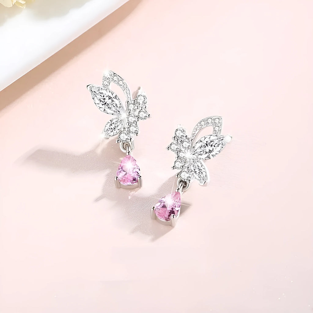 Crystal butterfly stud earrings in 925 silver with clear crystal accents on wings
