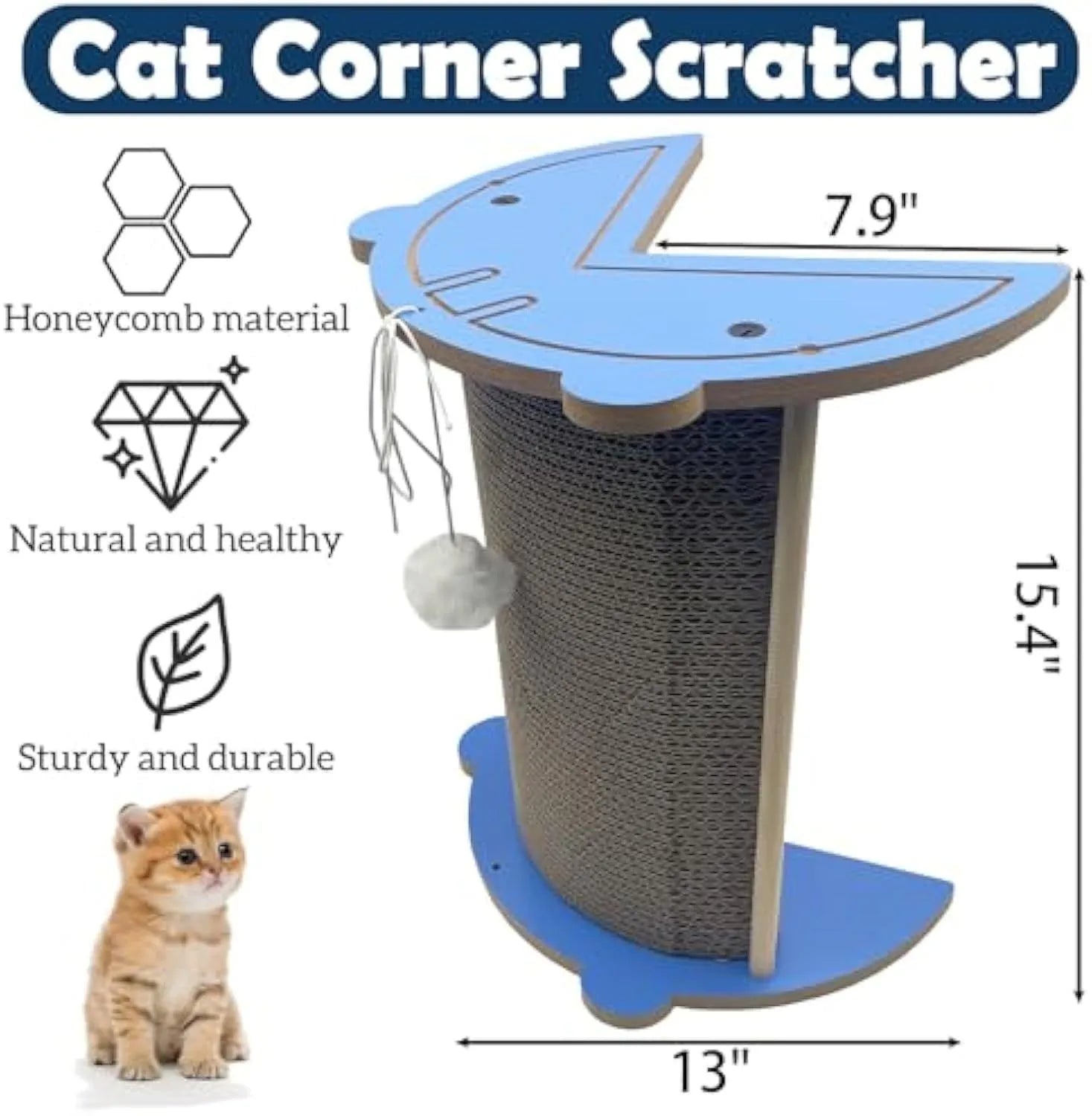 Grey cardboard corner cat scratcher with hanging ball mounted in a room corner.