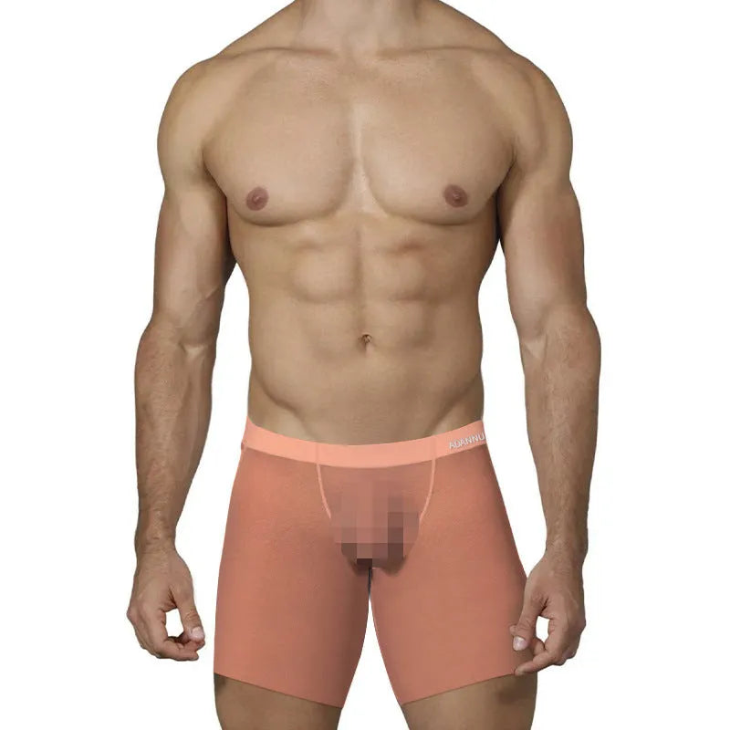 Men's low-rise nylon boxers in orange, pink, or red solid colours.
