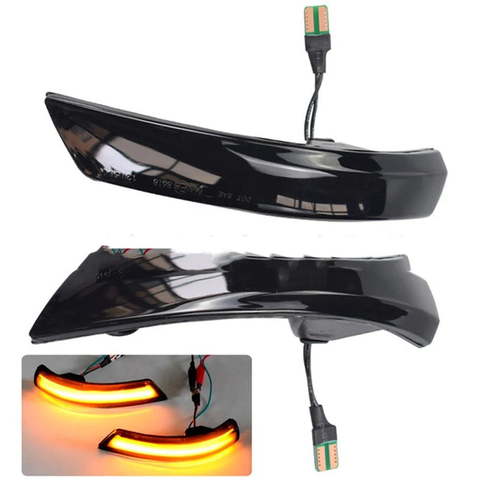 Pair of rearview mirror waterfall lights for Ford Focus and Mondeo showing sequential flow effect in yellow or two-tone blue.