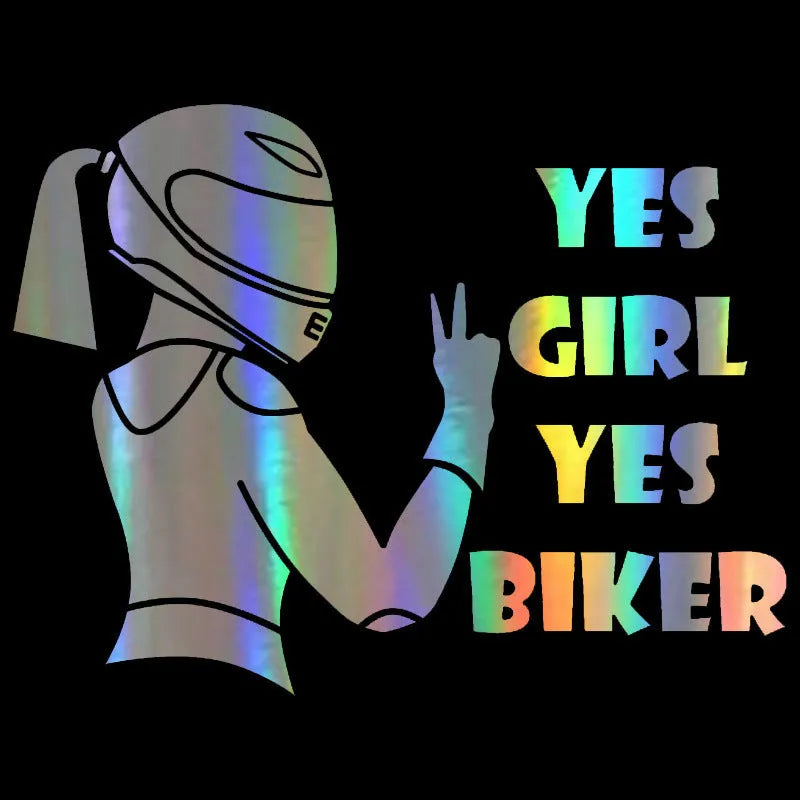 Cool girl rider character car waterproof sticker in black, white and laser colour options