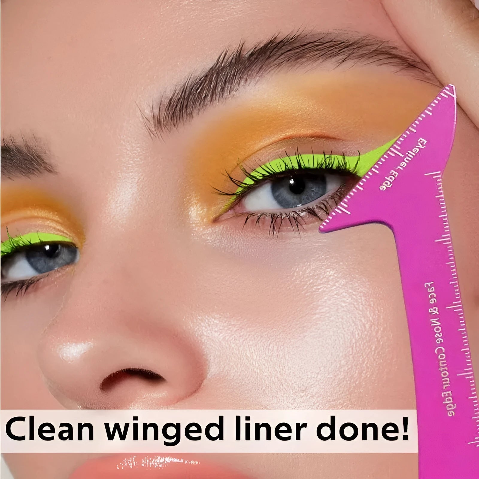 Reusable 3-in-1 makeup stencil for hooded eyes creating winged eyeliner, eyebrow definition, and nose contour.