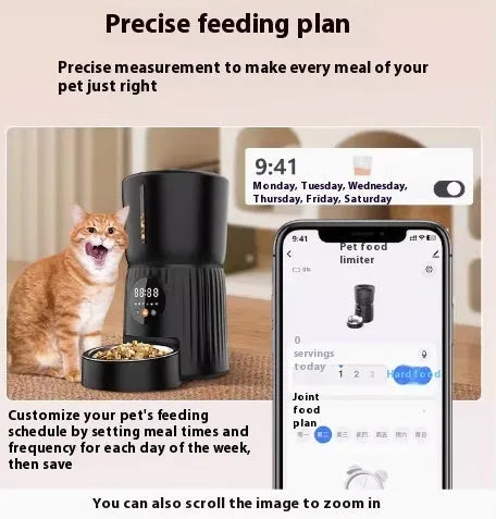 Intelligent pet feeder with automatic timing and remote control in black or white colour