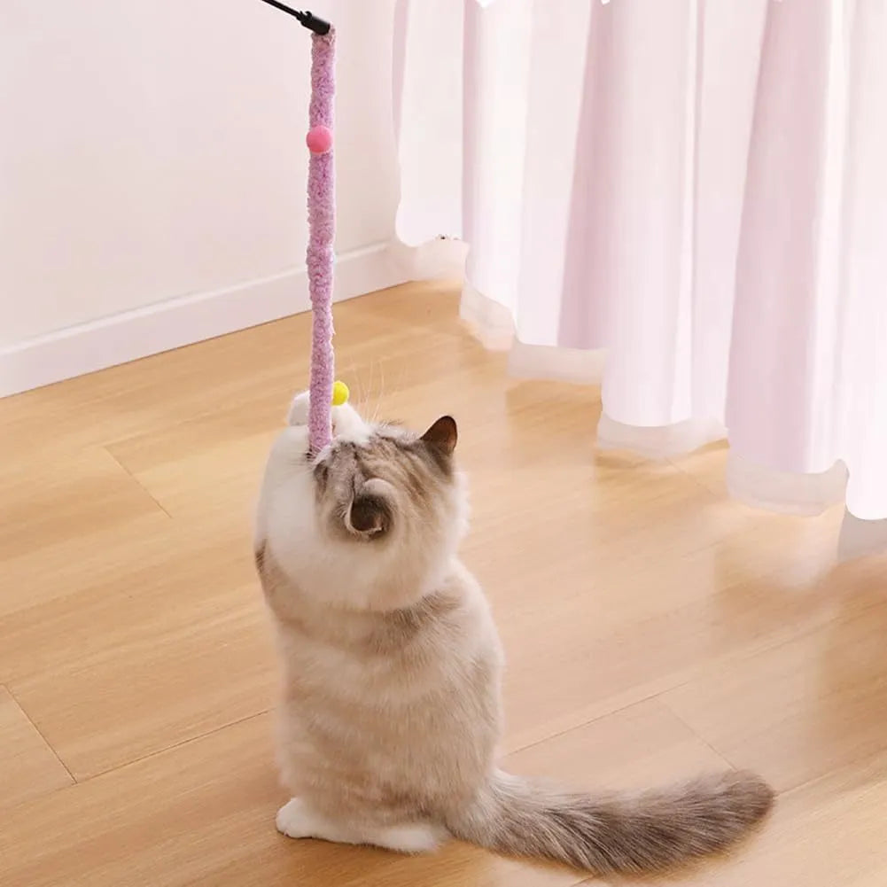 Blue interactive cat wand toy with a long plush strip, fluffy ball, and bells on a 41cm pole.