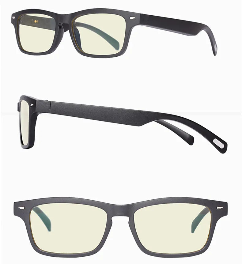 Unisex smart glasses with Bluetooth audio and semi-open ear speakers on a PC+ABS frame.
