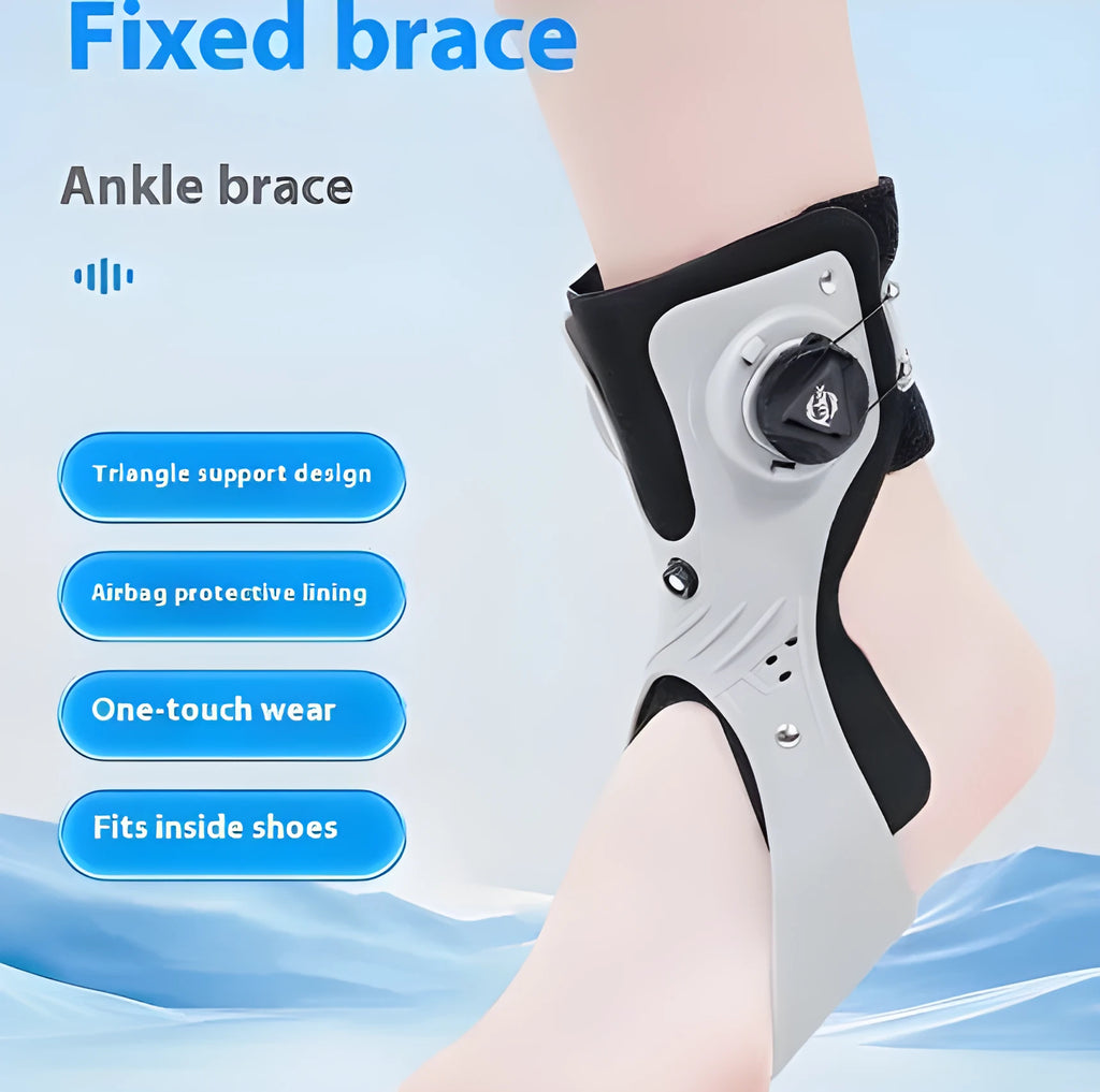 Grey and black airbag button ankle support brace shown on left and right foot