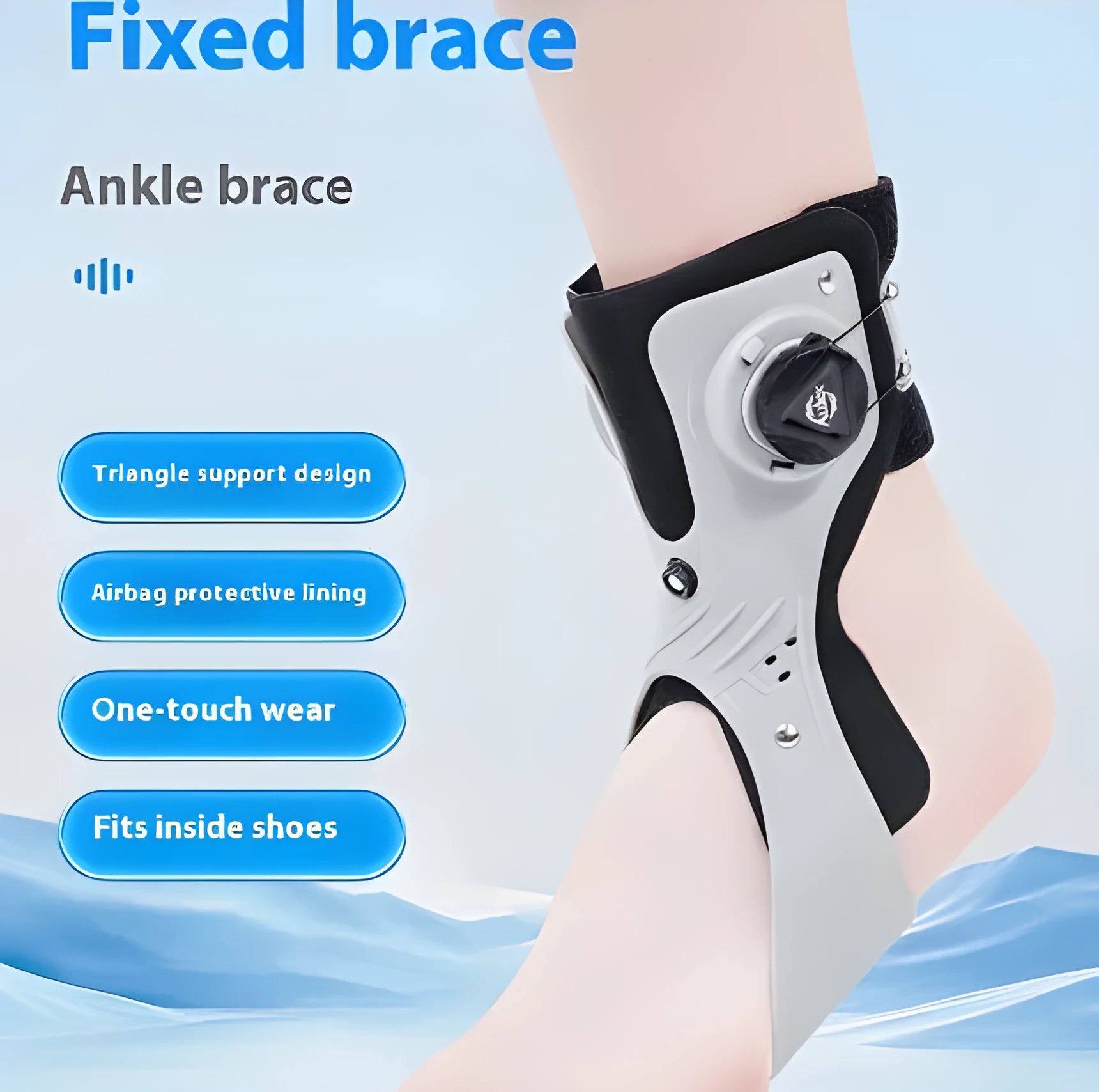 Grey and black airbag button ankle support brace shown on left and right foot