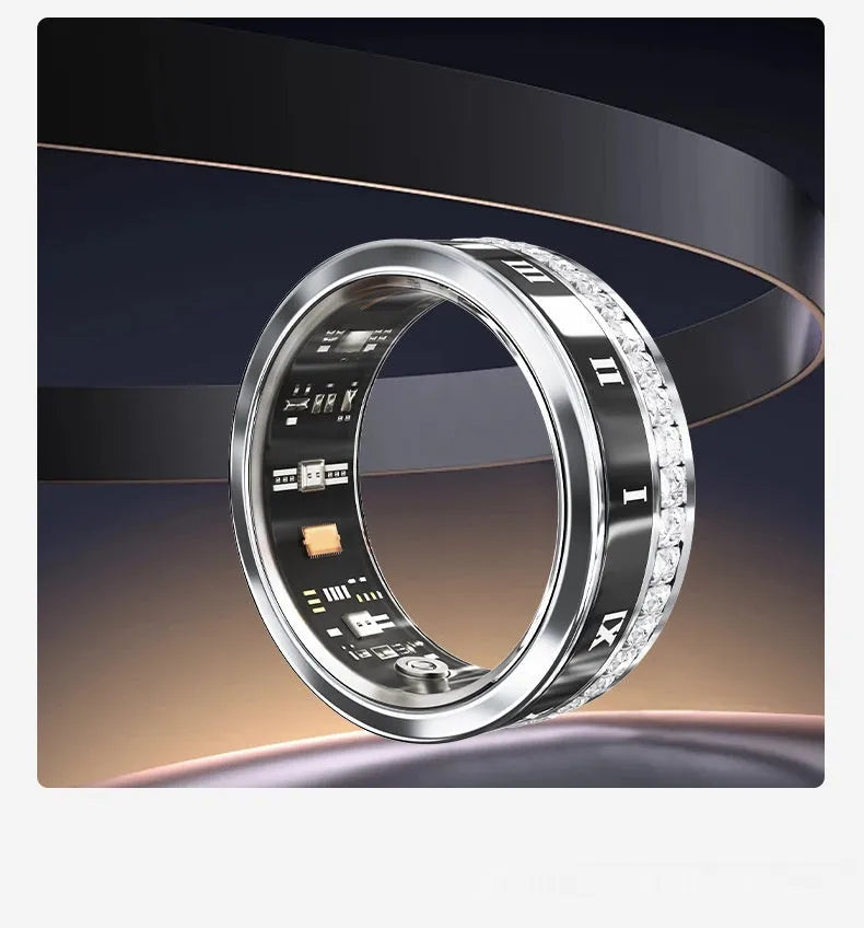 Gold and silver smart rings with diamond inlays displaying blood oxygen monitoring technology on a finger.
