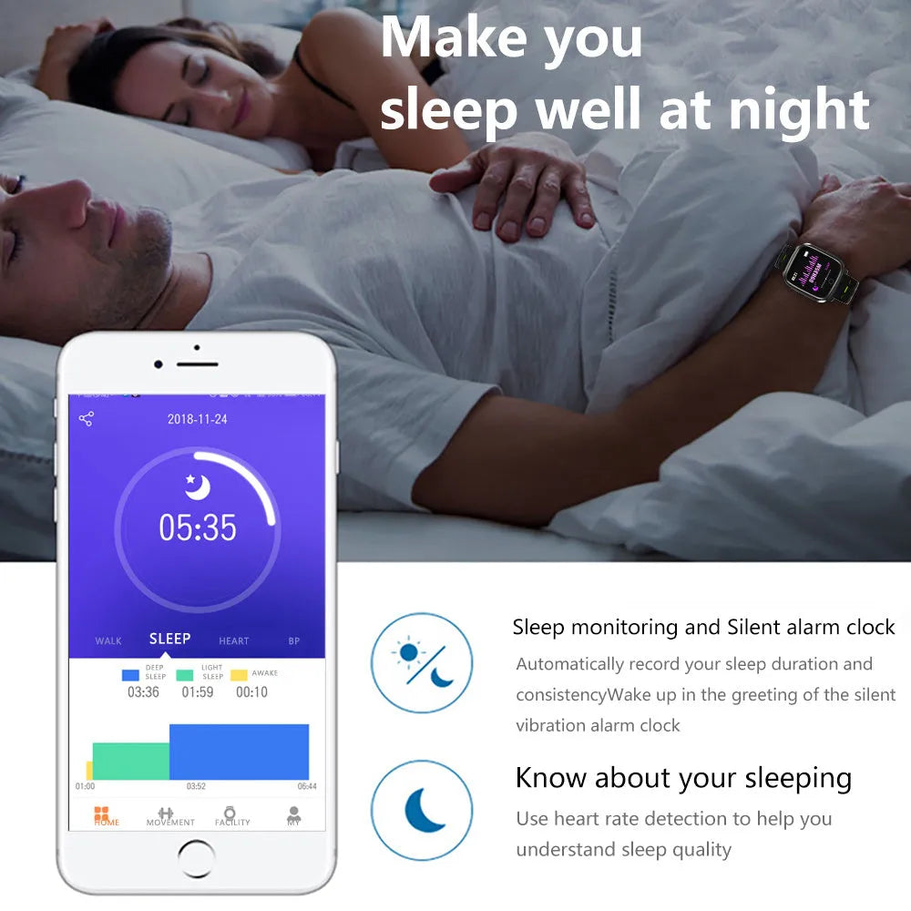 F16 smart watch with ECG, blood pressure, and heart rate monitoring on a silicone wristband.