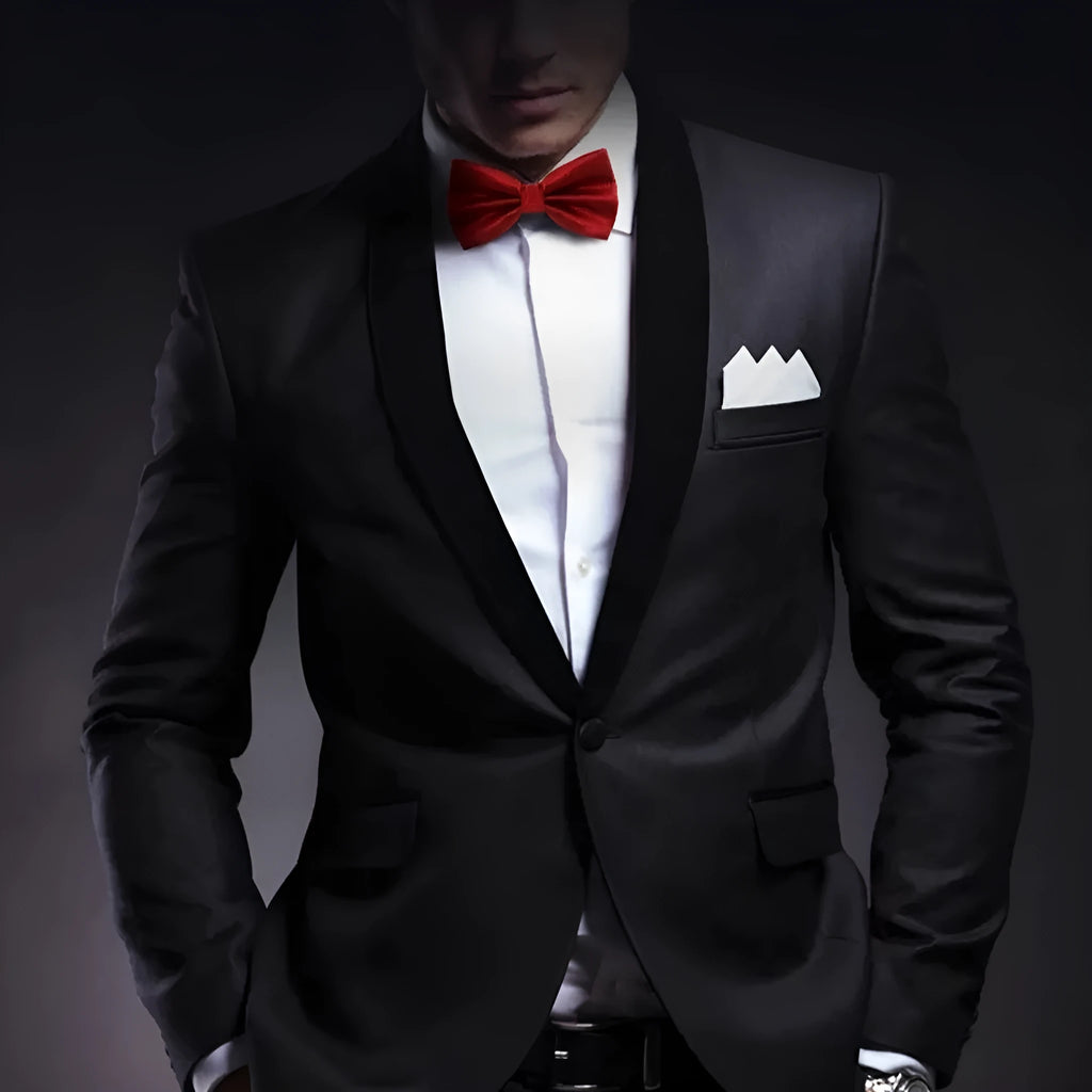 Men's flat head solid colour bow tie in polyester, showing 12cm by 6cm size on a background.