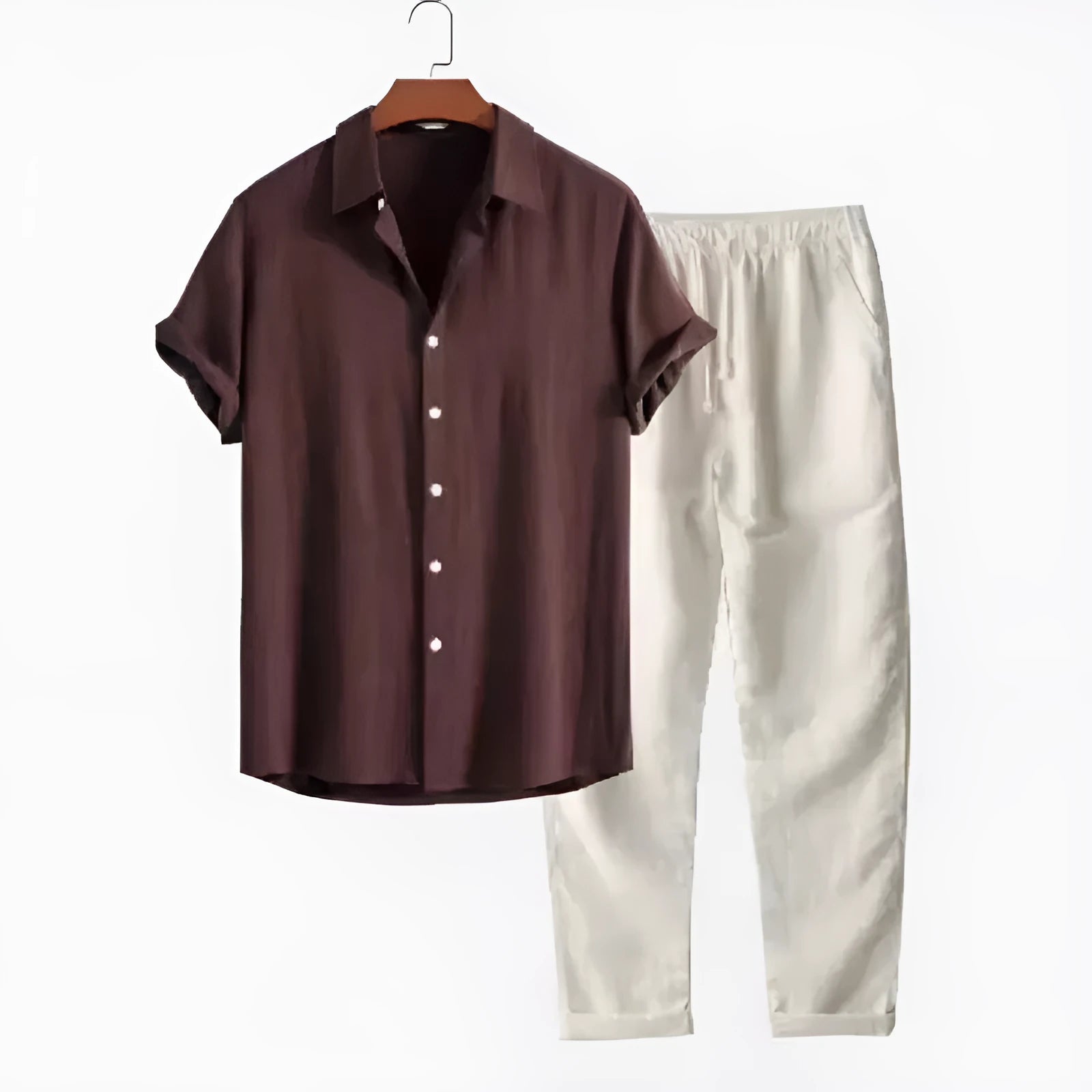 Men's casual linen-style shirt and trousers suit in multiple colour options with loose short sleeve design