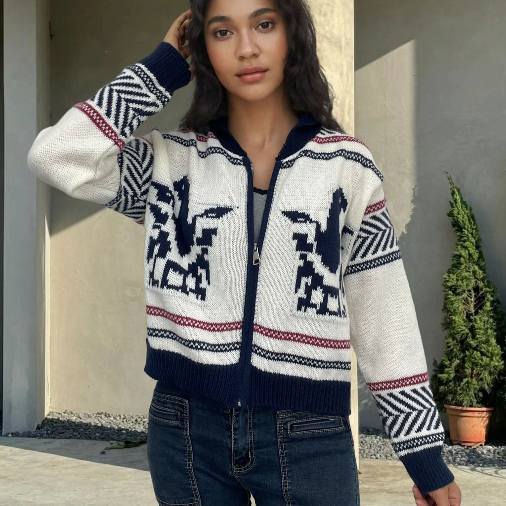 White women's zip-front cardigan with lapel collar and contrast-colour jacquard stripe pattern.