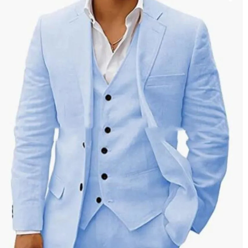 Men's linen six-piece suit set in slim fit, available in multiple colours including light green and beige