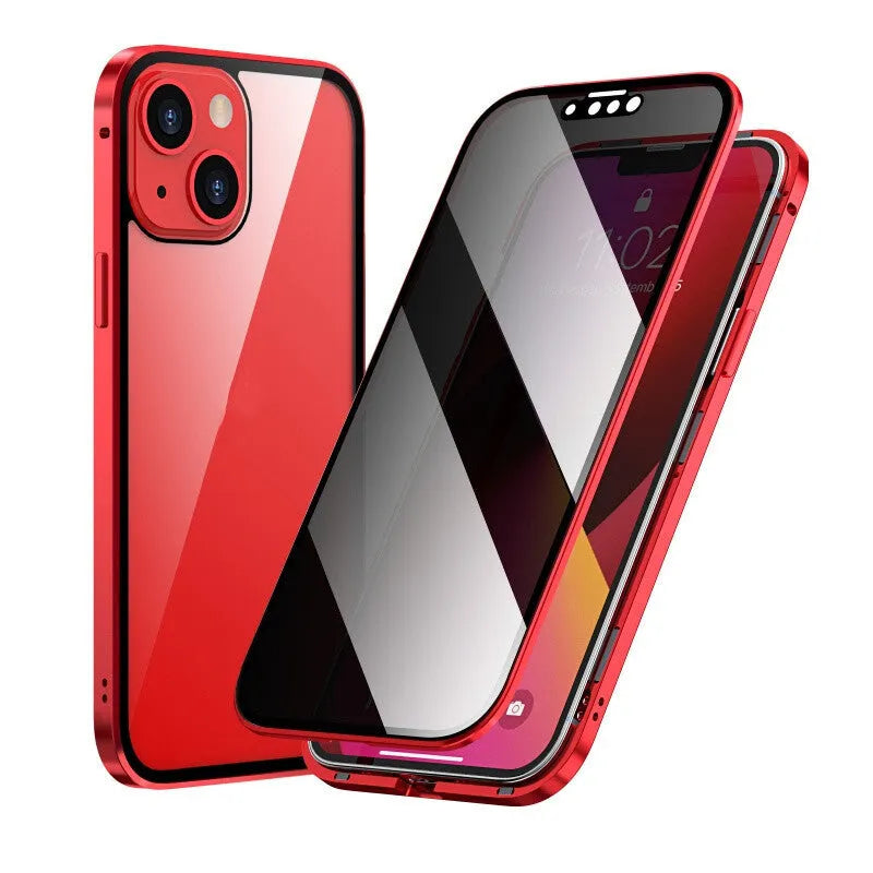 Magneto privacy-proof phone case with a double-sided metal frame, shown in a choice of colours for iPhone models.