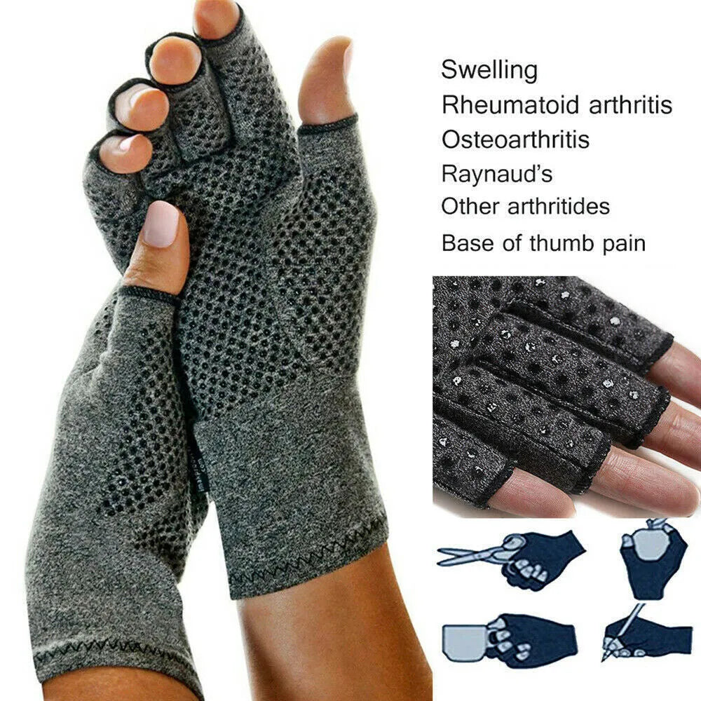 Grey half-finger compression gloves for arthritis with anti-slip palm grip.
