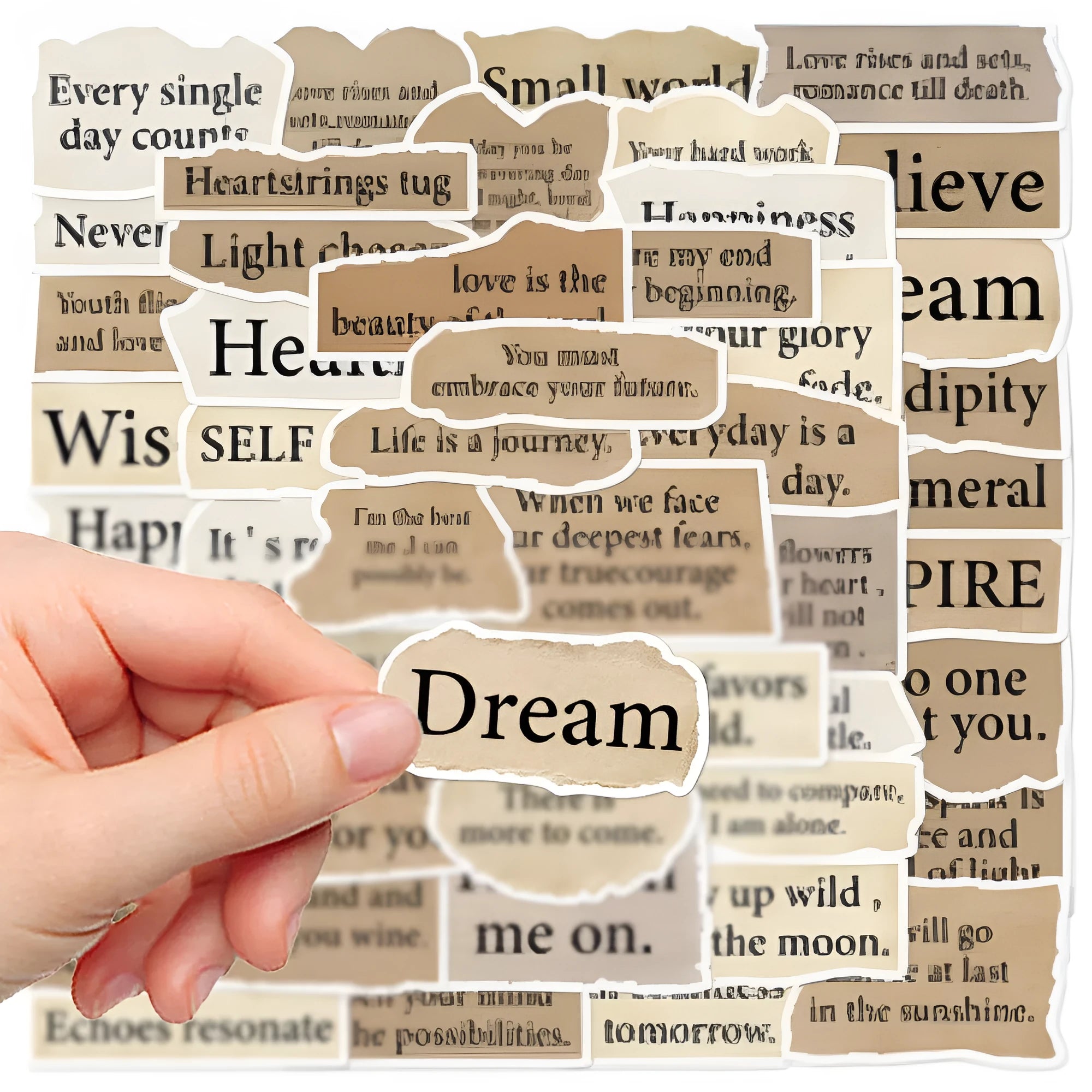 Pack of 25 torn English design decorative PVC stickers on a white background.