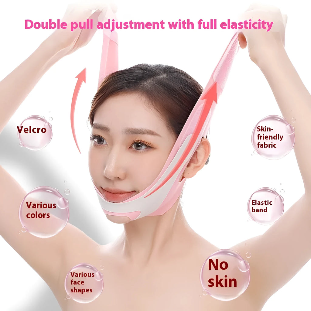 Pink and black elastic V-shaped face bandage for facial contour support