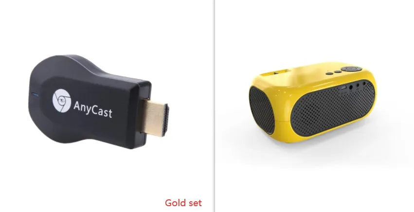 Compact gold or white M24 micro mini LED projector on a table with power adapter and AV cable.