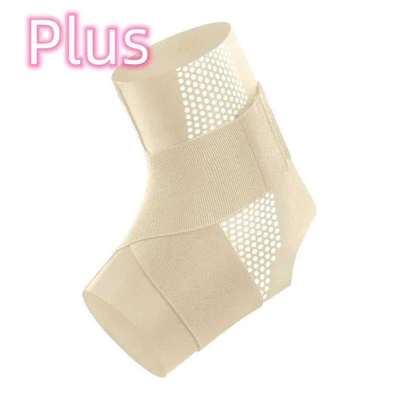 Fixed rehabilitation ankle support made of black Lycra cloth, shown on an adult ankle.