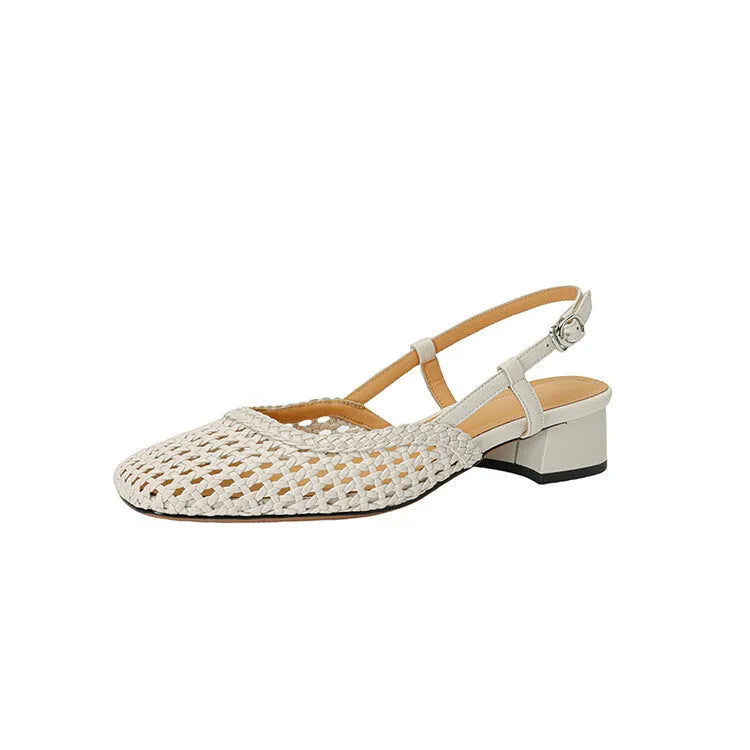 Women's beige woven hollow-out sandals with closed toe, square head, and chunky heel.