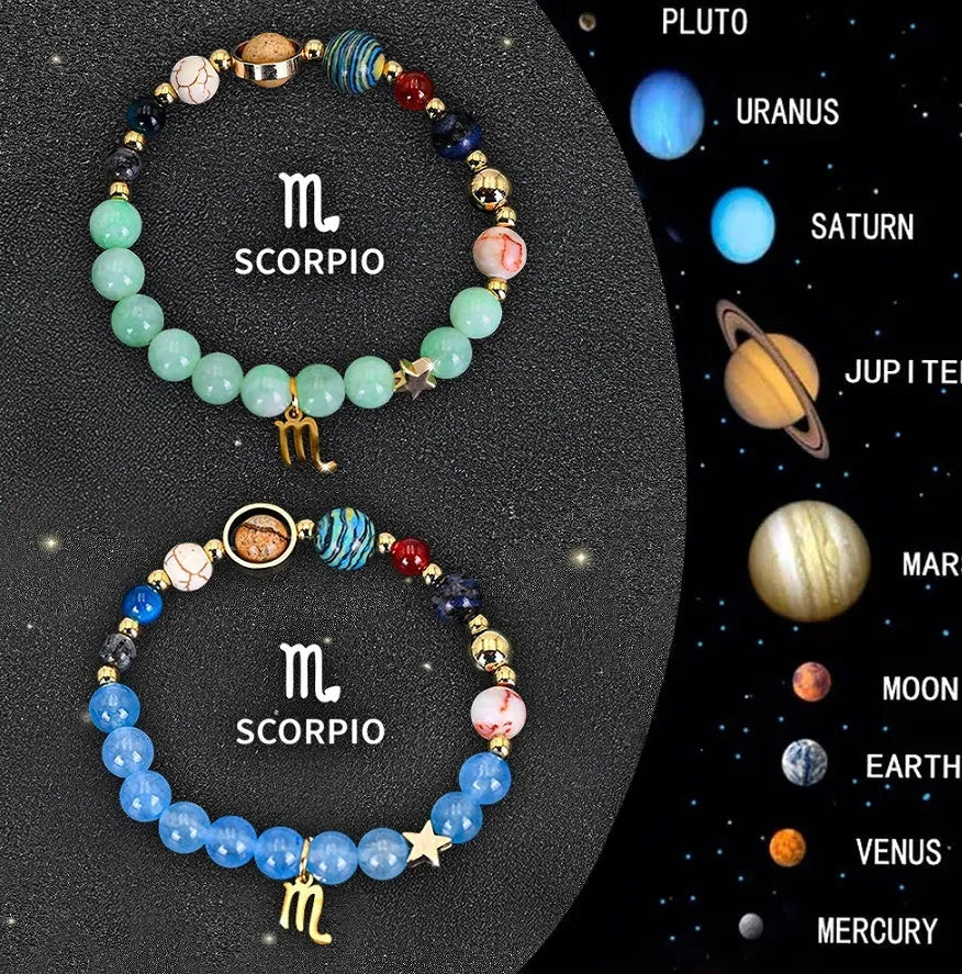 Natural stone beaded bracelets for twelve zodiac signs with adjustable thread closures