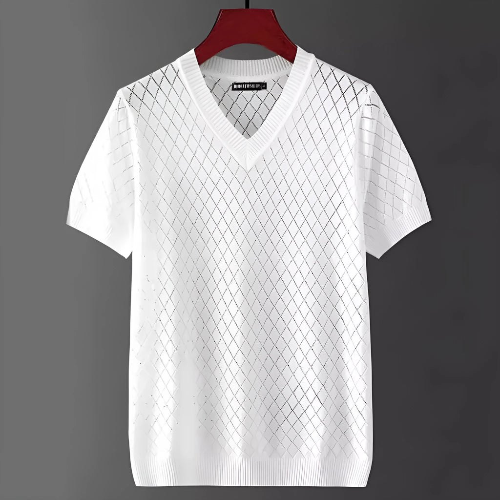 Men's ice silk V-neck T-shirt in black Korean style with cut-out detail and short sleeves