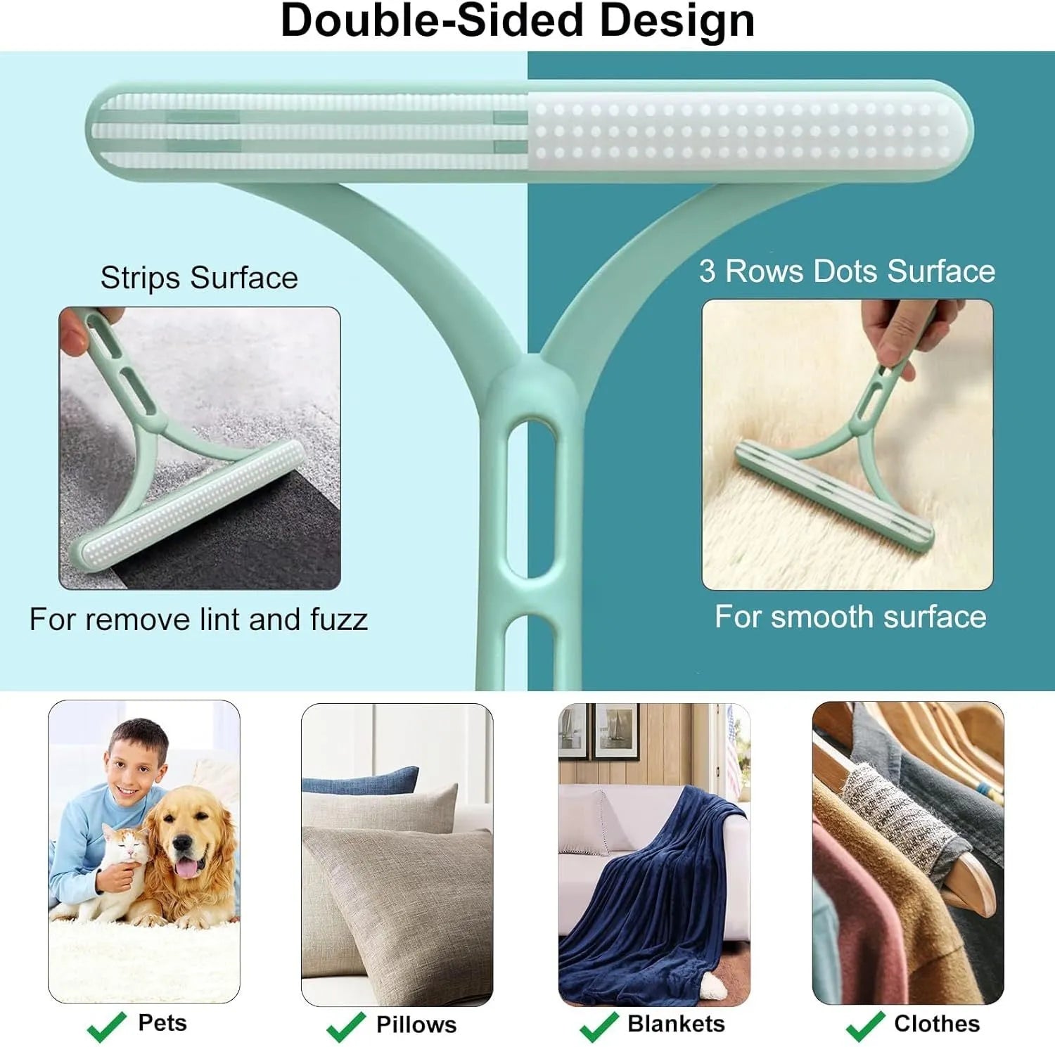 Three pet hair removal tools: metal lint brush, silicone roller, and round carpet scraper