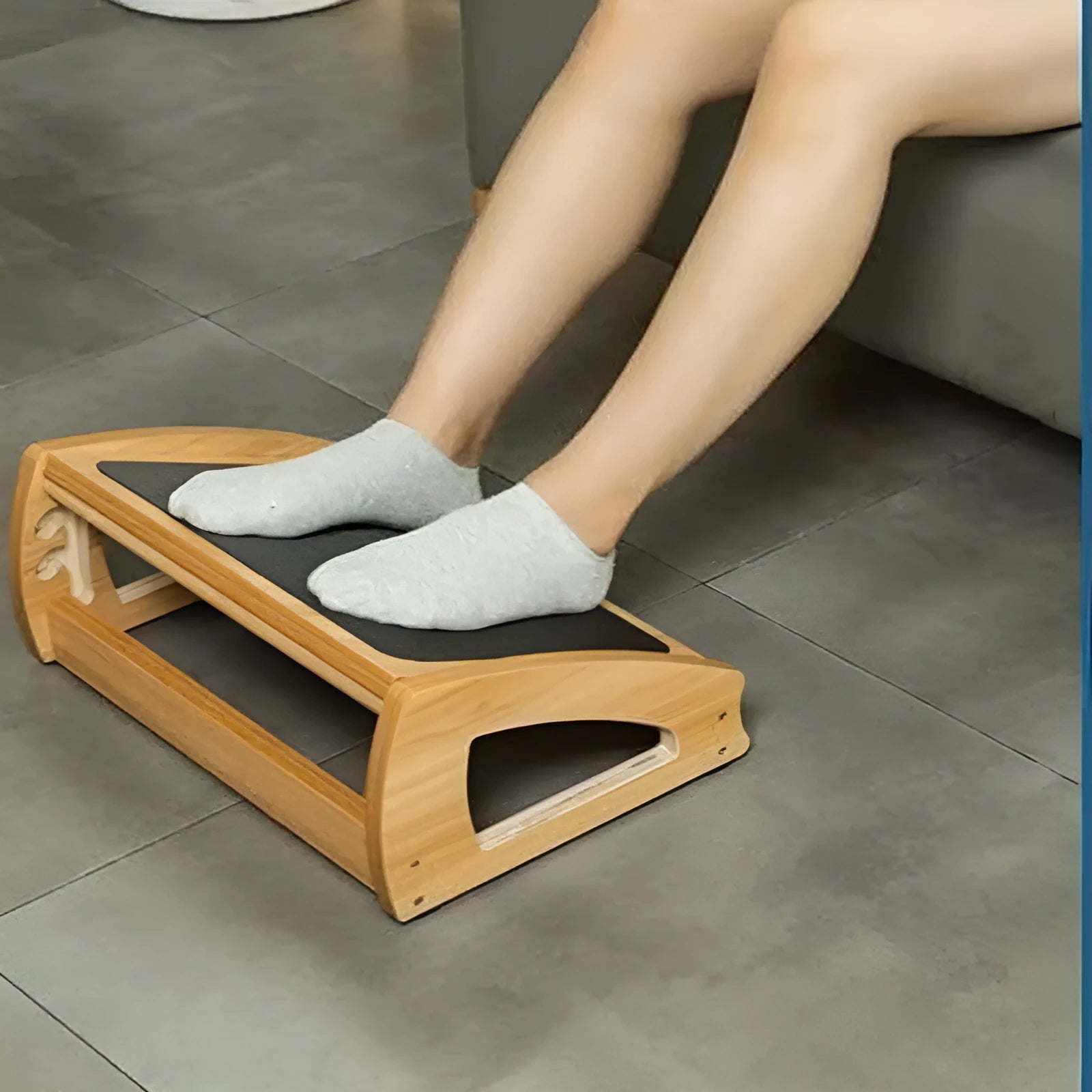 Wooden bamboo adjustable office desk footstool in natural wood colour