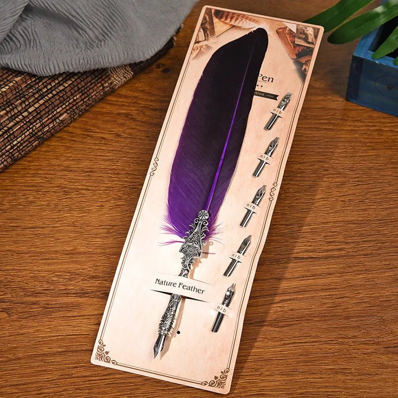 Vintage feather pen with zinc alloy shell in choice of ten colours including black, blue, and red.