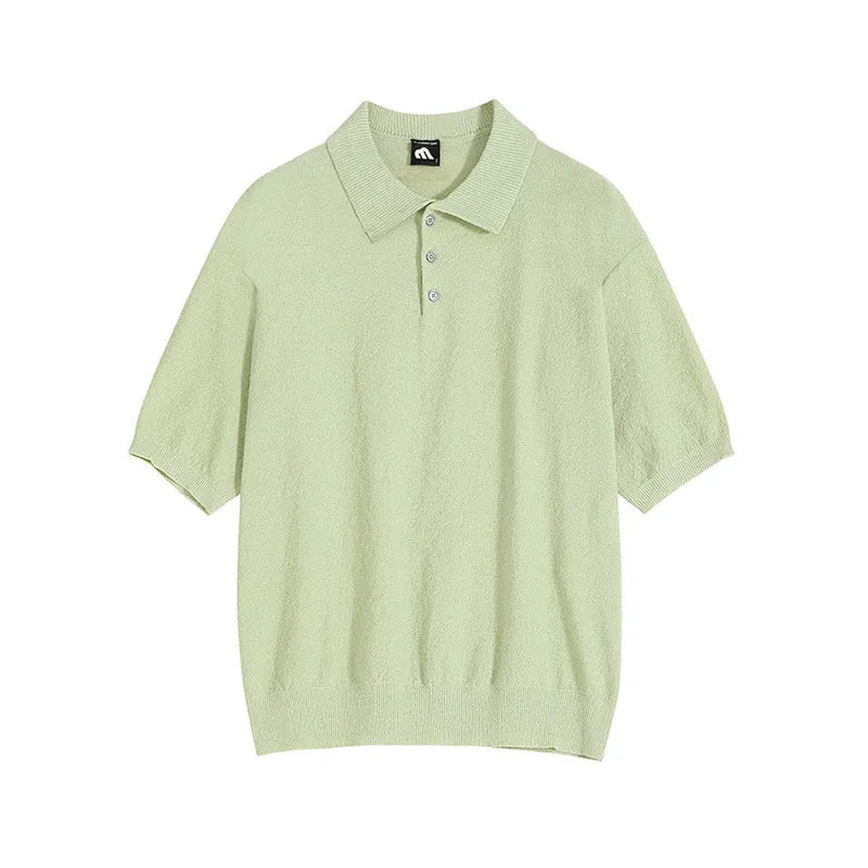 Retro knitted polo shirt for men in caramel colour with asymmetric design and short sleeves