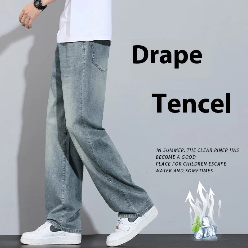 Man wearing straight-leg light blue denim casual trousers for leisure