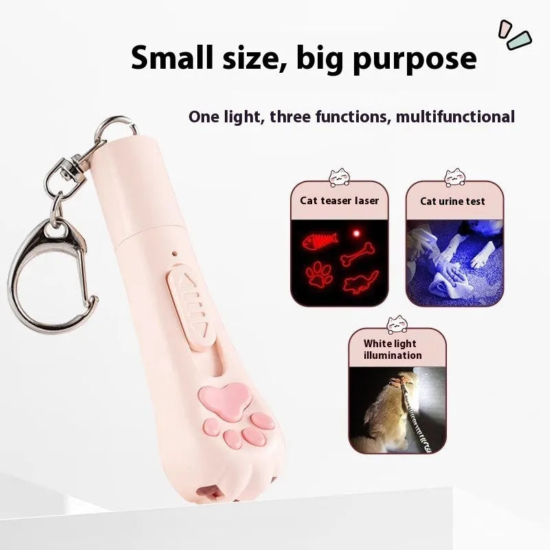 Rechargeable cat pen light toy with feather attachment in cream white, pink, or blue