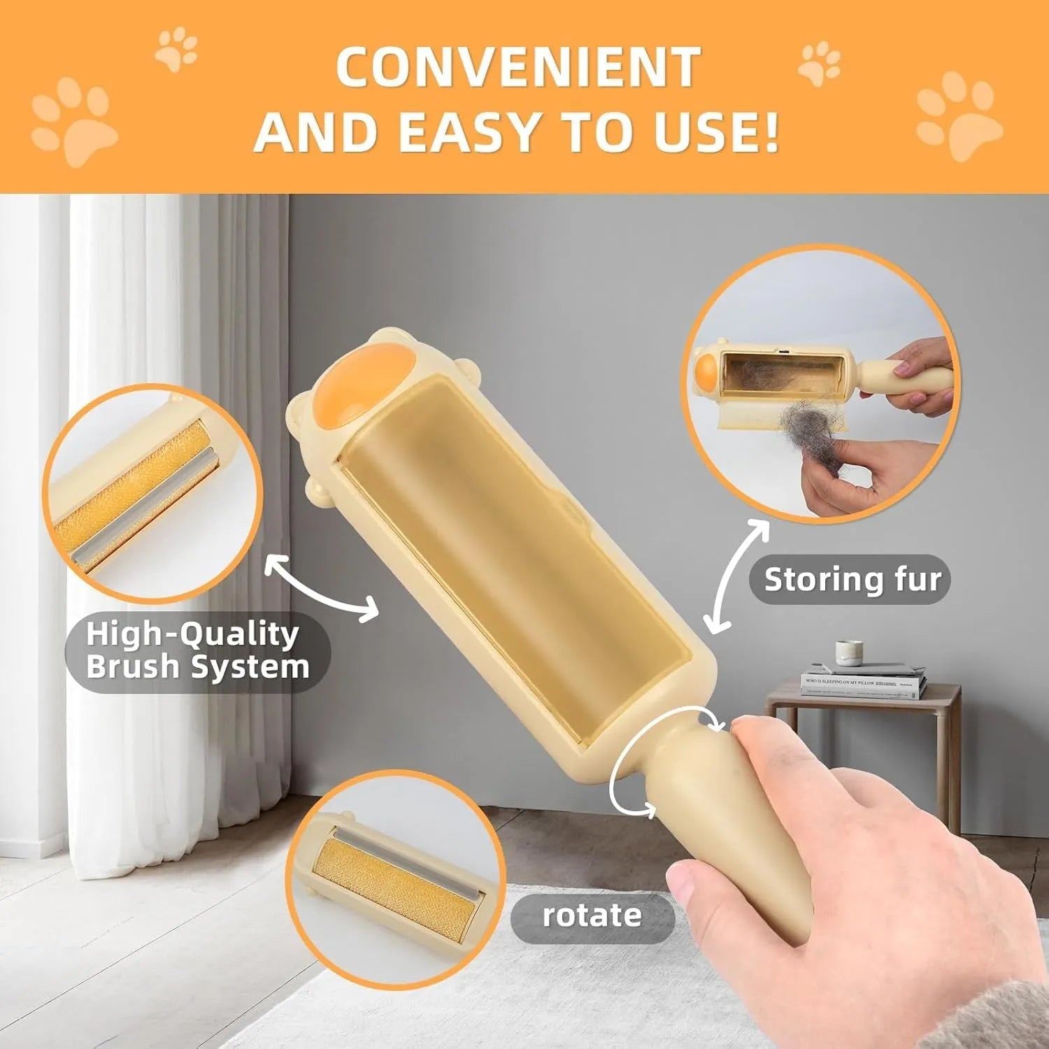 Blue reusable pet hair remover roller with a self-cleaning base on a fabric sofa.
