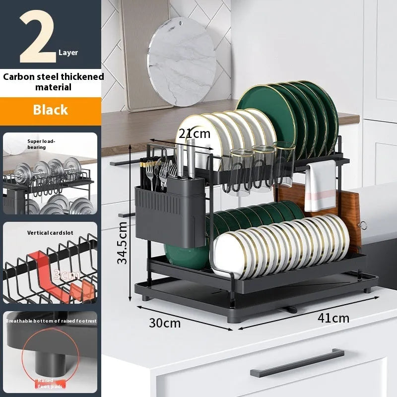 Double layer kitchen storage rack with removable draining in black colour