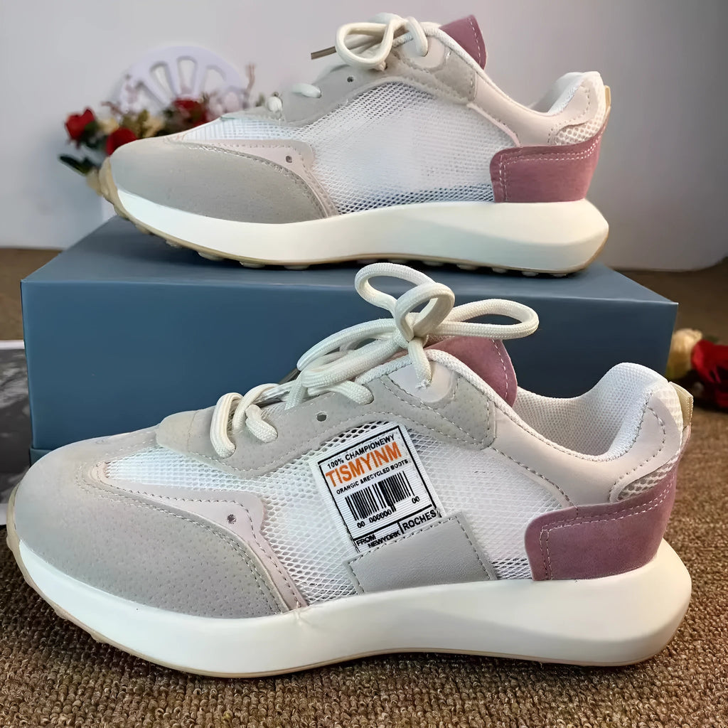 Women's grey and pink retro casual sneakers with mesh lining and rubber sole, low-top design