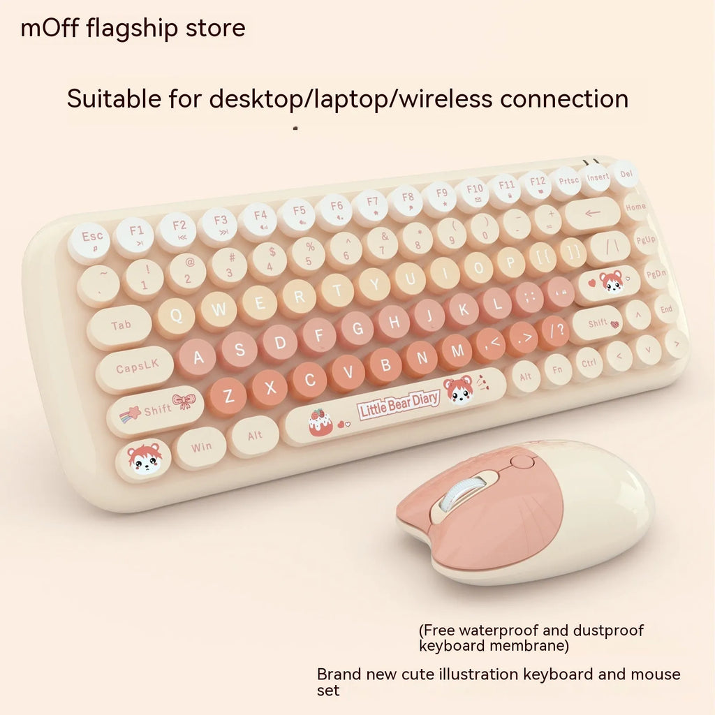 Pink mini wireless keyboard and mouse set with compact design on a desk