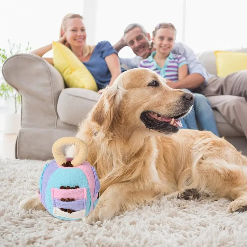 Pink and green plush dog ball toy with treat pockets and squeaker for small to medium dogs