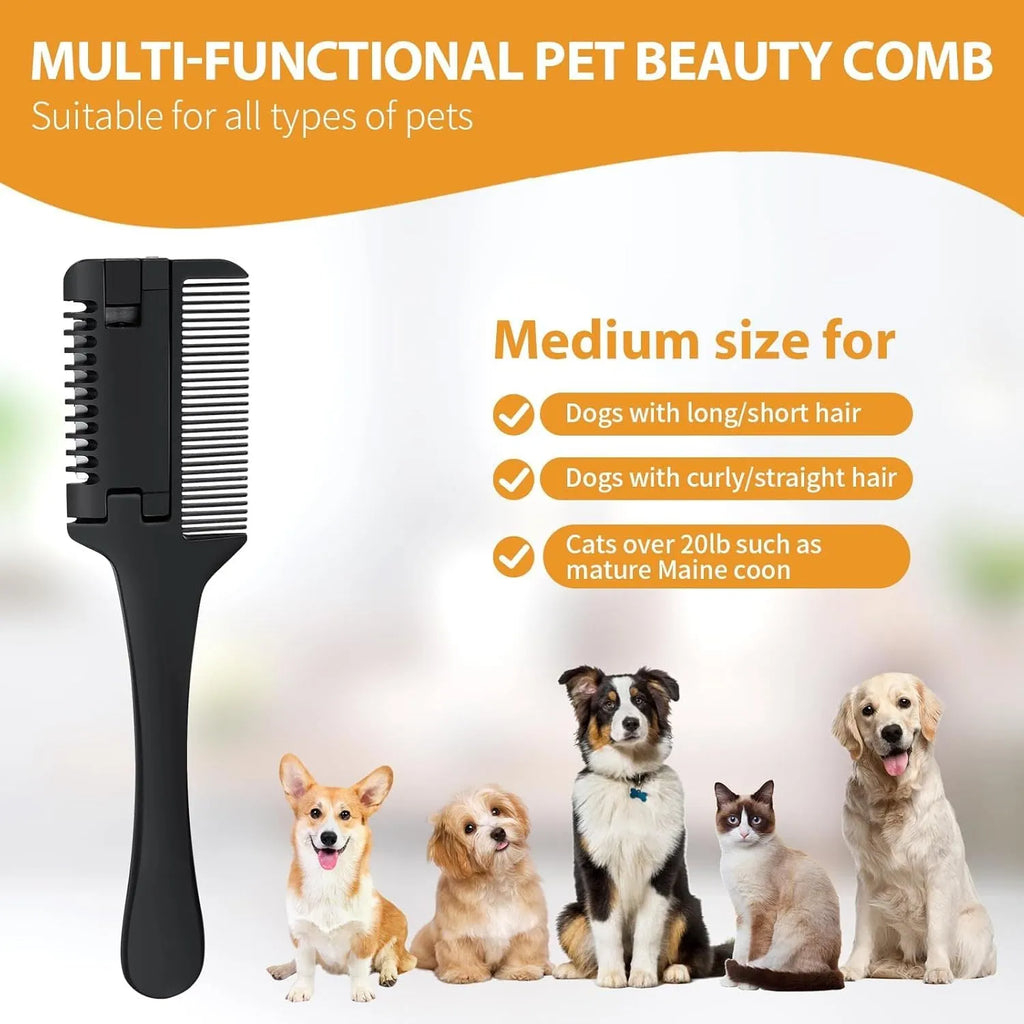A 2-in-1 razor comb for grooming dogs and cats, shown with replacement blades.